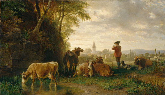 Herdsman and cows, in the distance a village from Johann Friedrich Voltz