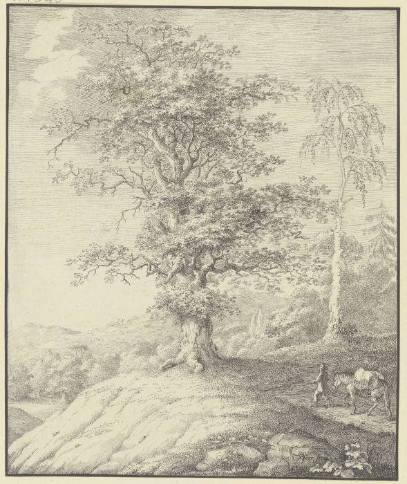 Eichbaum und Birke auf einer Anhöhe, von rechts führt ein Mann ein bepacktes Pferd herbei from Johann Georg Pforr