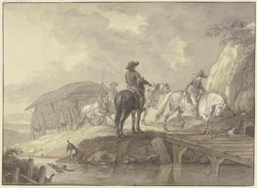 Ein mit Säcken beladener Lastwagen, begleitet von zwei Reitern und zwei Hunden, fährt über eine Brüc from Johann Georg Pforr