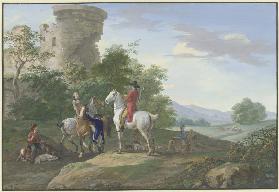 Jäger mit Pferden und Jagdhunden machen bei einer Ruine halt