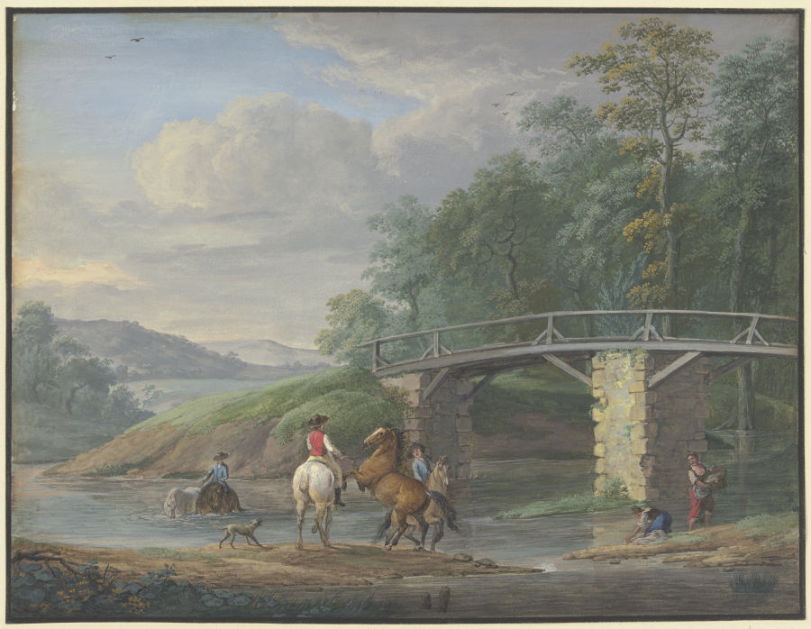Pferde in der Schwemme bei einer Brücke, rechts zwei Wäscherinnen from Johann Georg Pforr
