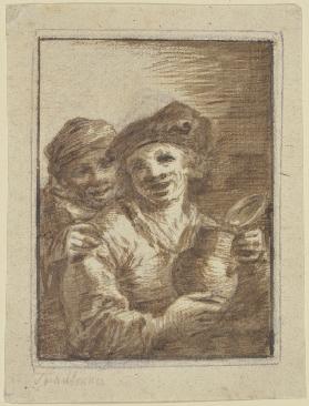 Bauer und Bäuerin mit einem Weinkrug