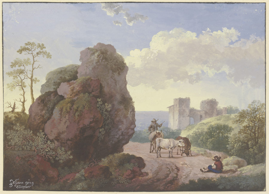 Ein großer Fels neben einem Weg mit Hirten und Vieh, rechts eine Ruine from Johann Georg Wagner