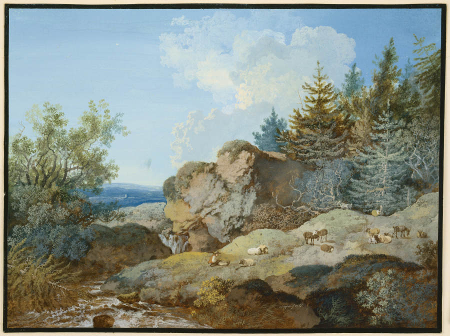 Waldlandschaft im Gebirge mit Herde und Gewässer from Johann Georg Wagner