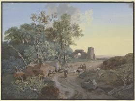 Waldpartie und Ruine mit einem Bogen an einem Weg mit Hirten und Vieh