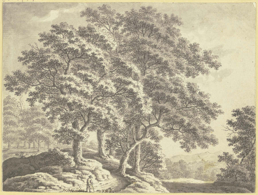 Hügelige Waldlandschaft mit einem Wanderer im Vordergrund from Johann Heinrich Bleuler