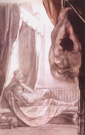 Brunhilde watches Gunther hung up on the blanket tied up by her from Johann Heinrich Füssli