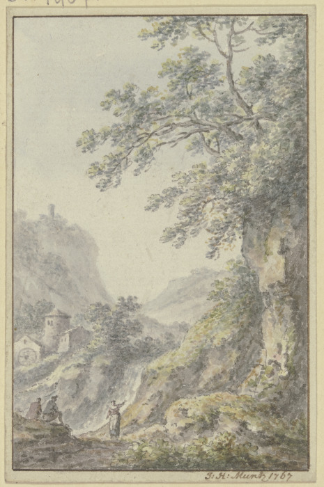 Blick in eine Berglandschaft mit einer Burg, im Vordergrund ein Hohlweg mit drei Figuren from Johann Heinrich Müntz