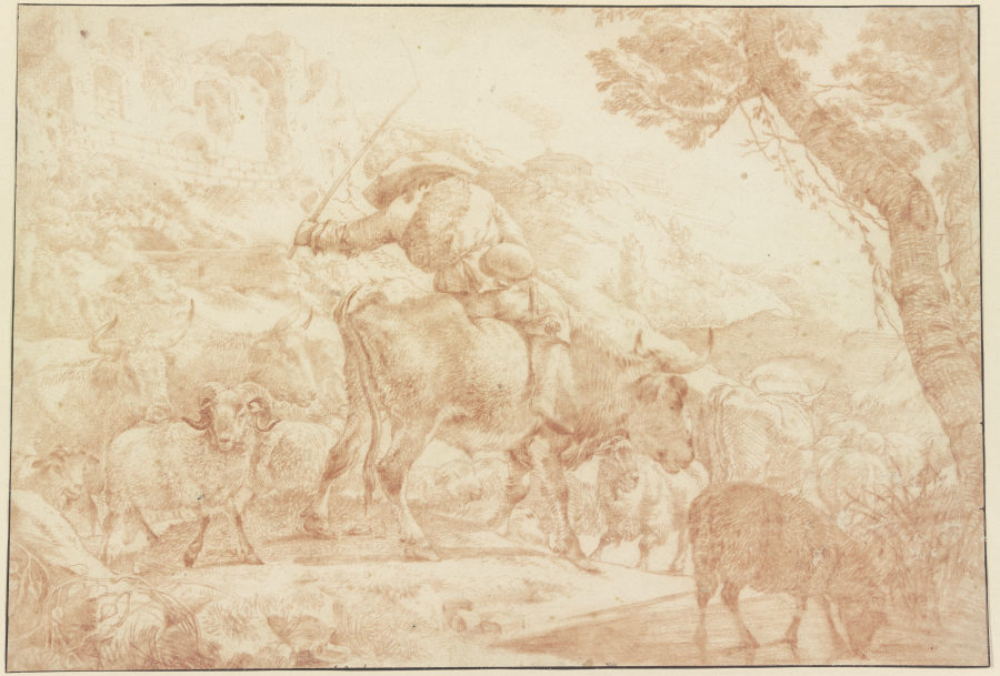Ein auf einem Ochsen reitender Hirte treibt seine Herde heimwärts from Johann Heinrich Roos