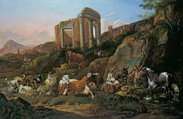 Farm animals in a Classical landscape from Johann Heinrich Roos