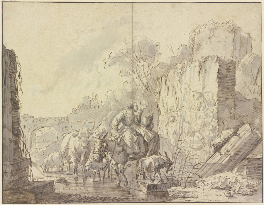Hirtin und Hirte mit ihrer Herde in einer Ruinenlandschaft, ein antikes Fresko betrachtend from Johann Heinrich Roos