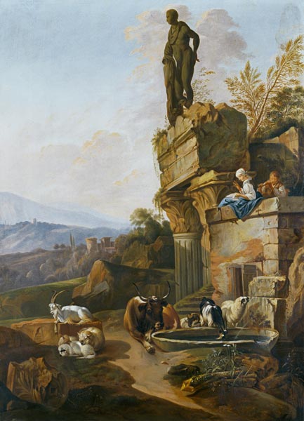 Landschaft mit Tempelruine in Abendstimmung from Johann Heinrich Roos