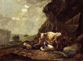 Shepherds and herds under rocks