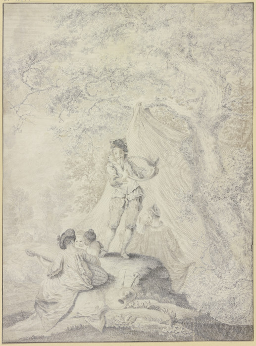 Ruhendes Paar unter einem Zelt an einem Eichenbaum, links eine Lautenspielerin mit zwei jungen Fraue from Johann Jacob Ebersbach