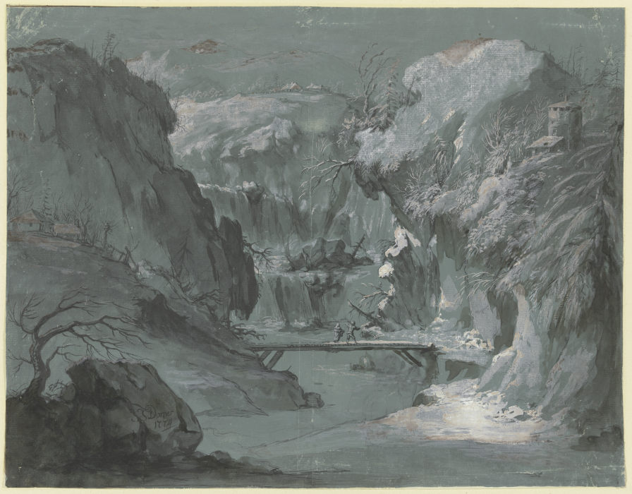 Tiefe Gebirgsschlucht mit einem Wasserfall, in der Mitte ein Steg, über den zwei Personen gehen from Johann Jakob Dorner d. Ä.
