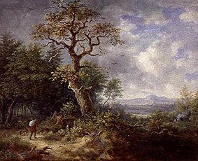 Woodland landscape with hiker and dog. from Johann Jakob Dorner d.J.