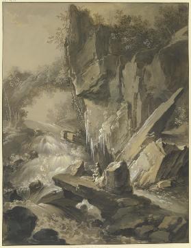 Wasserfall, im Vordergrund ein Maler