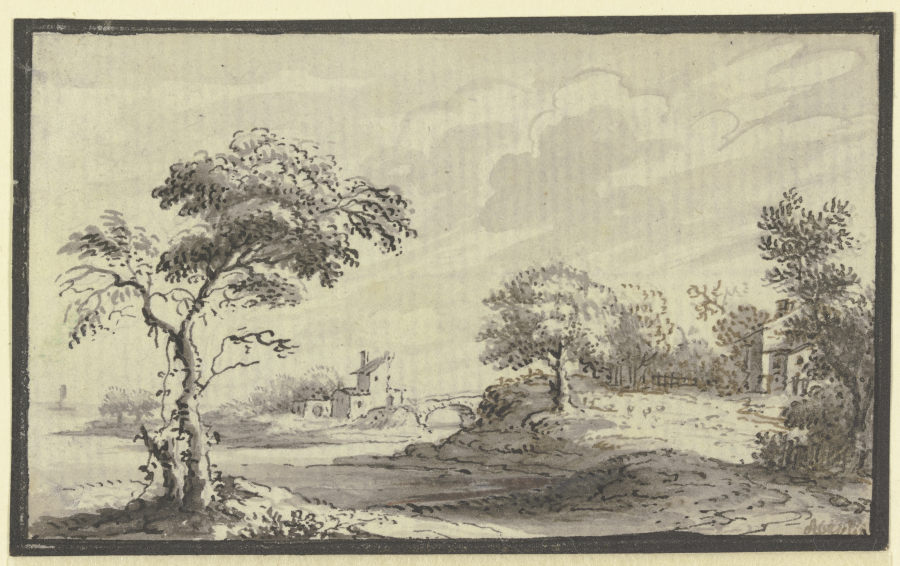Hügelige Landschaft mit Fluß, Bäumen und Häusern from Johann Ludwig Aberli