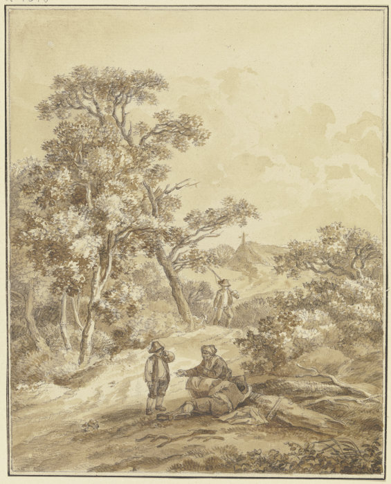 Waldweg mit einem Jäger, im Vordergrund eine Frau mit zwei Knaben, der eine schlafend from Johann Ludwig Ernst Morgenstern