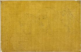 Die Hände eines Bogen haltenden Schergen und drei Frauenköpfe, darunter die Tante Raffaels und seine