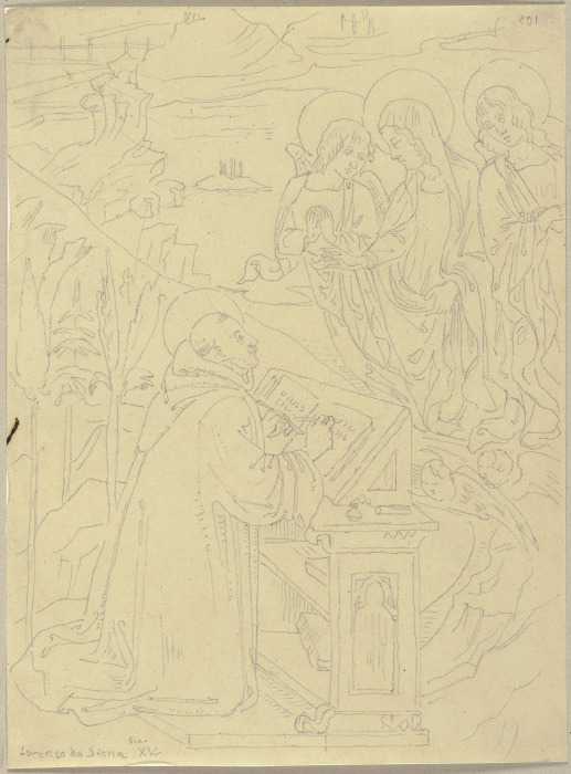 Ein Heiliger am Schreibpult hat eine Vision von der von zwei Engeln begleiteten Maria from Johann Ramboux