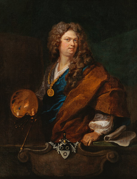 Self-portrait with family armses from Johann Rudolf Huber d.Ä.