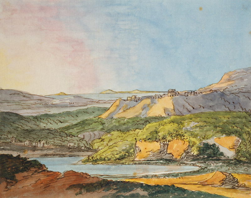 Südliche Landschaft am Meer mit bewaldeten Hügeln und einem Gewässer im Vordergrund from Johann Wolfgang von Goethe