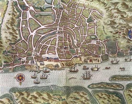 Map of the City and Portuguese Port of Goa, India, detail of port and merchant shipping, 1595 (engra from Johannes Baptista van, the Younger Doetechum
