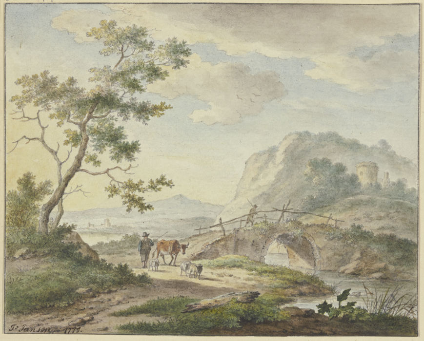 Über eine steinerne Brücke geht ein Mann, auf dem Weg ein Bauer mit einer Kuh und Schafen from Johannes Christiaan Janson