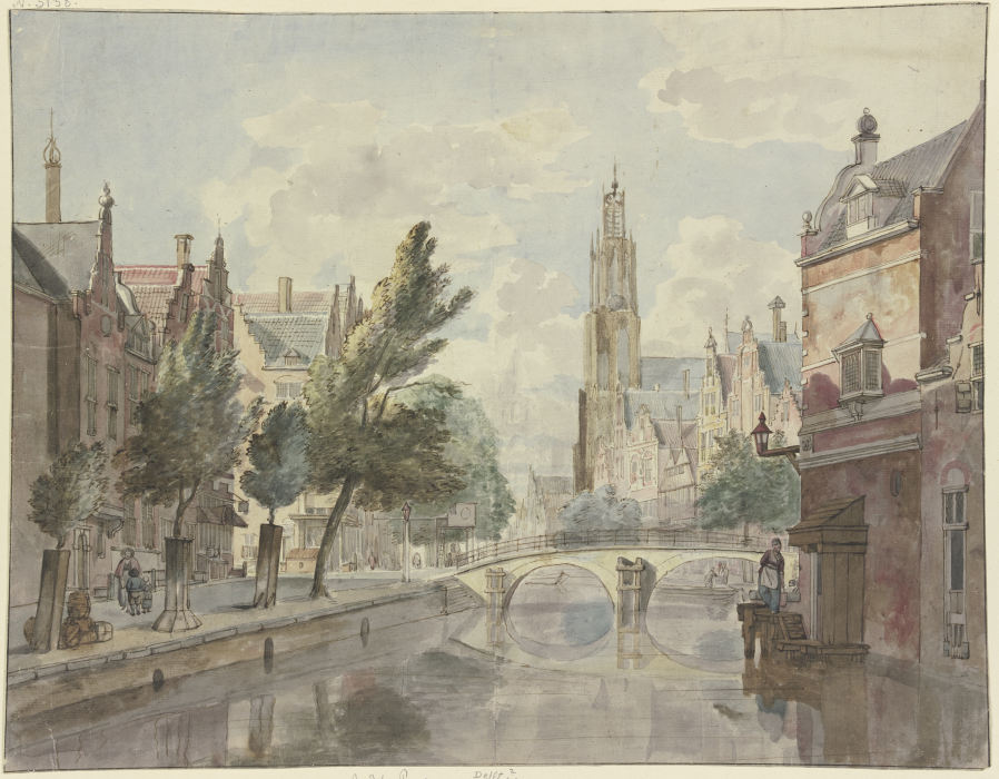 Steinbrücke über einen Kanal, im Hintergrund eine Kathedrale, rechts am Haus eine Laterne from Johannes Huibert Prins
