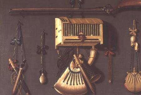 A Trompe l'Oeil Still life of a Gun, a Powder Horn, a Caged Bird and Hunting Equipment from Johannes Leemans