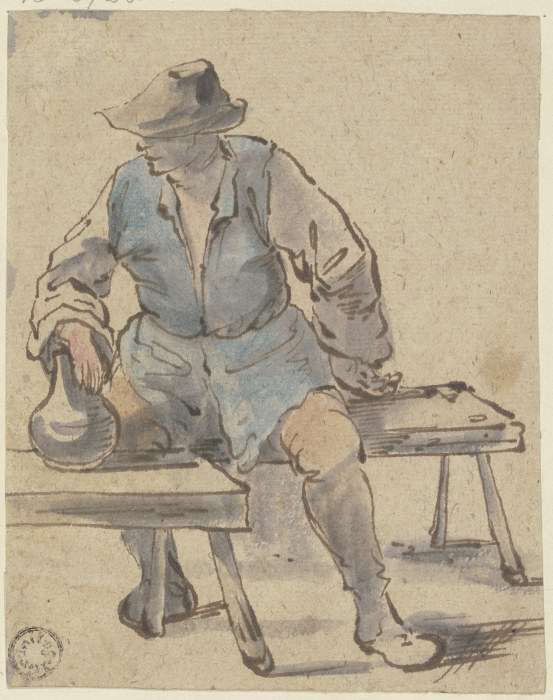 Sitzender Bauer, die Hand auf einen Krug gelegt, der vor ihm auf einer Bank steht from Johannes Lingelbach