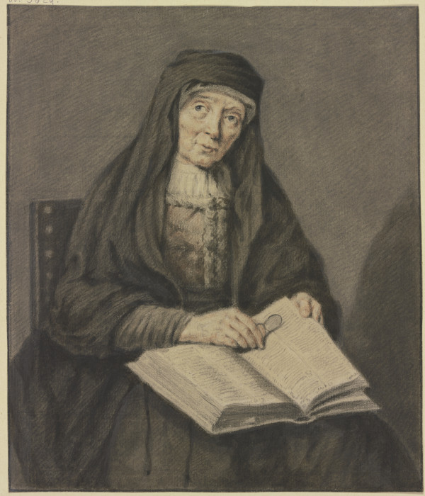 Sitzende alte Frau in einem Buch lesend, sie hält die Brille in der Hand, Kniestück from Johannes Pieter de Frey