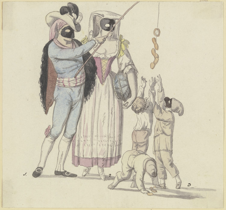 Maskenszene mit Fischer und Frascatanerin: Ein maskiertes Paar, der Mann mit einer Angel, an der Wür from Johann Georg Schütz