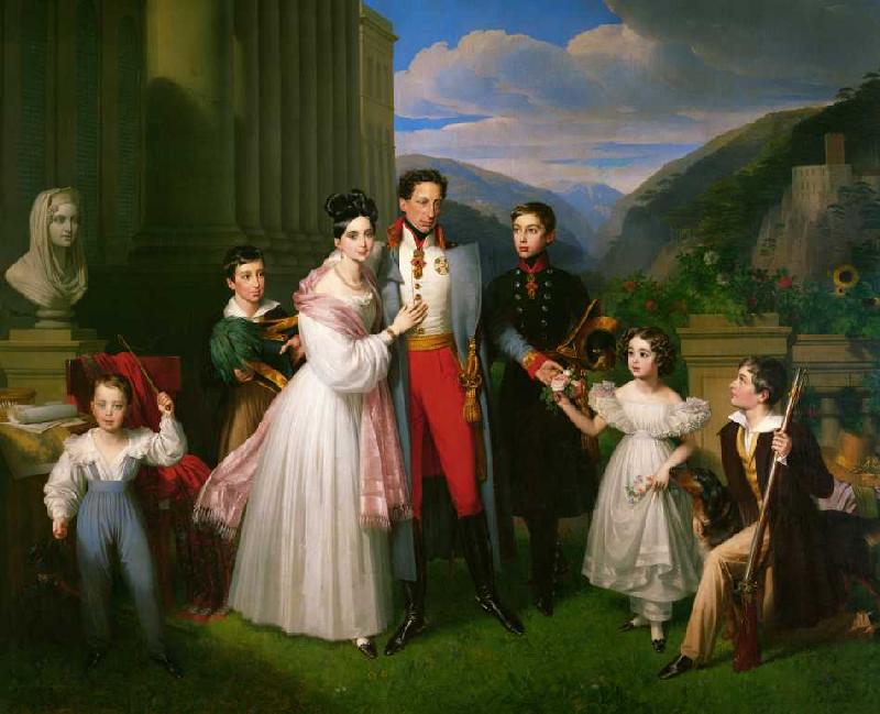Erzherzog Karl mit Frau Henriette von Nassau-Weilburg und Kindern vor Schloss Weilburg in Baden nahe from Johann Nepomuk Ender