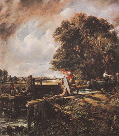 A boat passes a sluice from John Constable