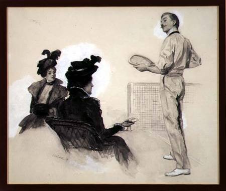 'It was Out!', Two Women Watching a Man Play Tennis, 1898 (gouache, pen and from John da Costa