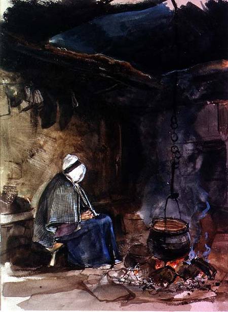 Watching the pot boil - a cottage interior from John Frederick Lewis