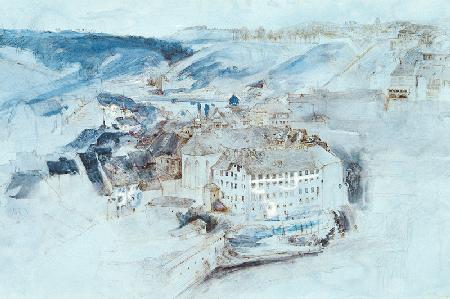 Fribourg (w/c & gouache on blue paper)