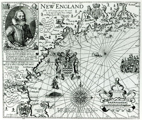 Map of the New England coastline in 1614, engraved by Simon de Passe (1595-1647) 1616 (engraving) (b from John Smith