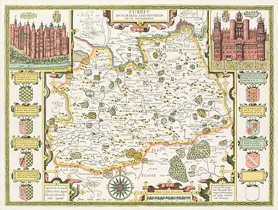 Map of Surrey; engraved by Jodocus Hondius (1563-1612) from John Speed''s Theatre of the Empire of G from John Speed
