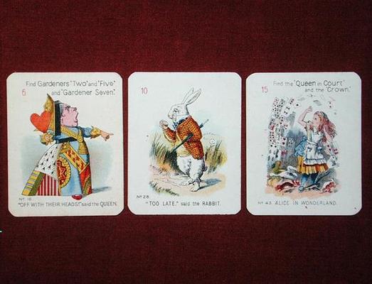 Three 'Happy Family' cards depicting characters from 'Alice in Wonderland' by Lewis Carroll (1832-98 from John Tenniel