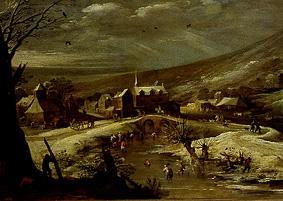 Winter landscape with ice-skaters on a river frozen up. from Joos de Momper the Younger