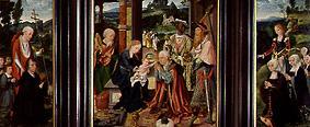 Winged altar adoration of the kings and Hieronymus and Catherine with the donors from Joos van Cleve