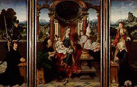 Winged altar: Enthroned Maria with Jesus and Joseph, St. George,  St. Catherine and donors from Joos van Cleve