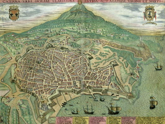Map of Catania, from 'Civitates Orbis Terrarum' by Georg Braun (1541-1622) and Frans Hogenberg (1535 from Joris Hoefnagel