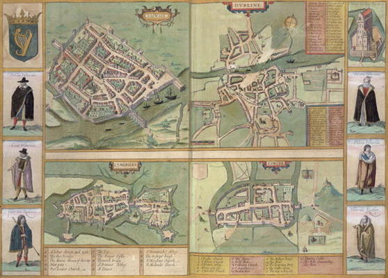 Maps of Galway, Dublin, Limerick, and Cork, from 'Civitates Orbis Terrarum' by Georg Braun (1541-162 from Joris Hoefnagel