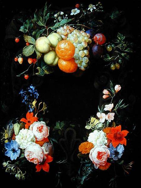 Oranges, peaches, grapes, plums, strawberries, raspberries and other fruit with roses, honeysuckle a from Joris van Son