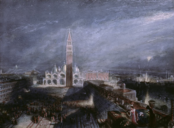 St. Mark's Place, Venice (Moonlight) engraved by George Hollis (1792-1842) pub. 1881 (litho) from William Turner