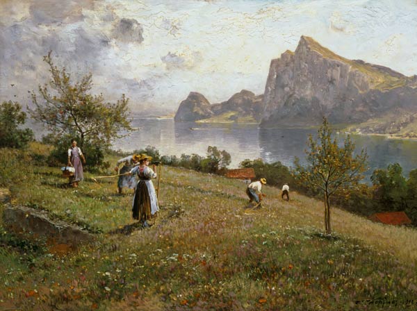 Hay harvest over the Chiemsee from Joseph Wopfner